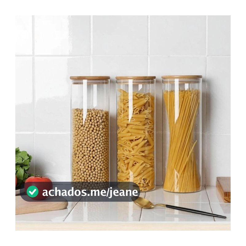 Kit 3 potes de vidro tampa de bambu herméticos redondo