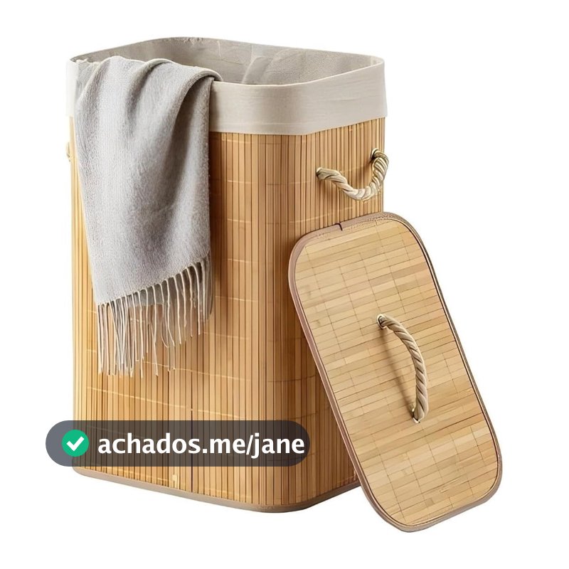 Cesto Roupa Bambu Retangular Redondo Com Tampa Cesto Oraganizador Roupa Suja Alças Bege