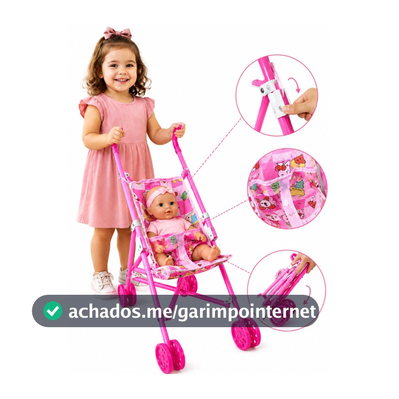 Carrinho De Boneca Dobrável Rosa Bebê Reborn Passeio Menina Brinquedo