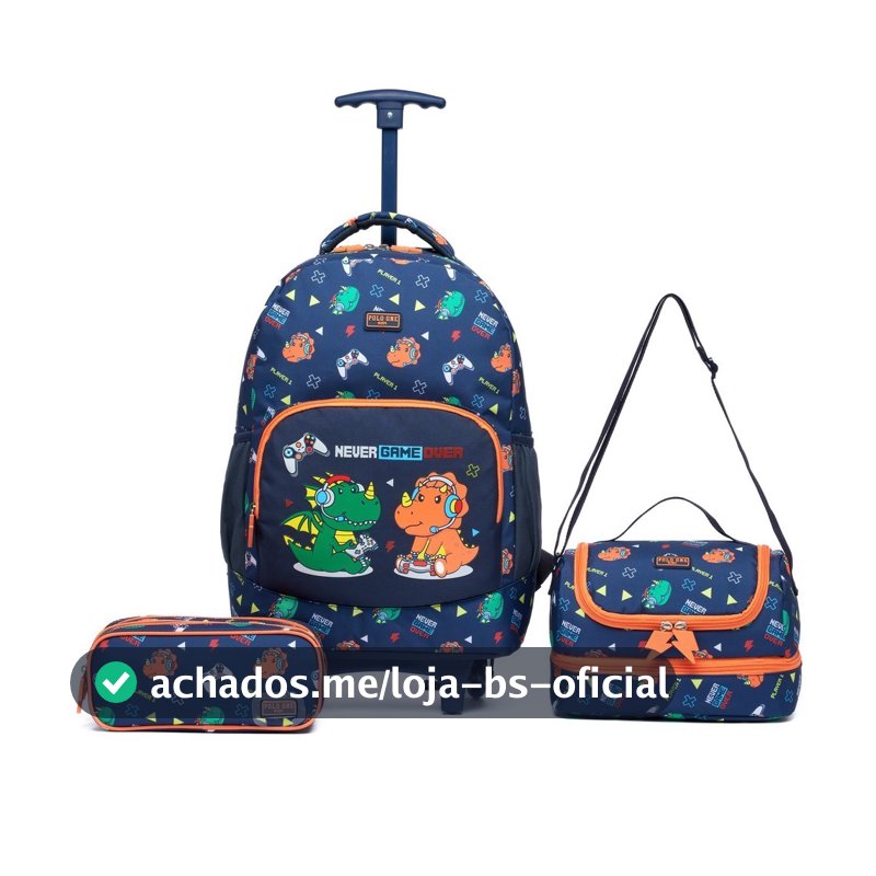 Kit Mochila Rodinha Escolar Menino Dino Game Estojo Lancheira Térmica