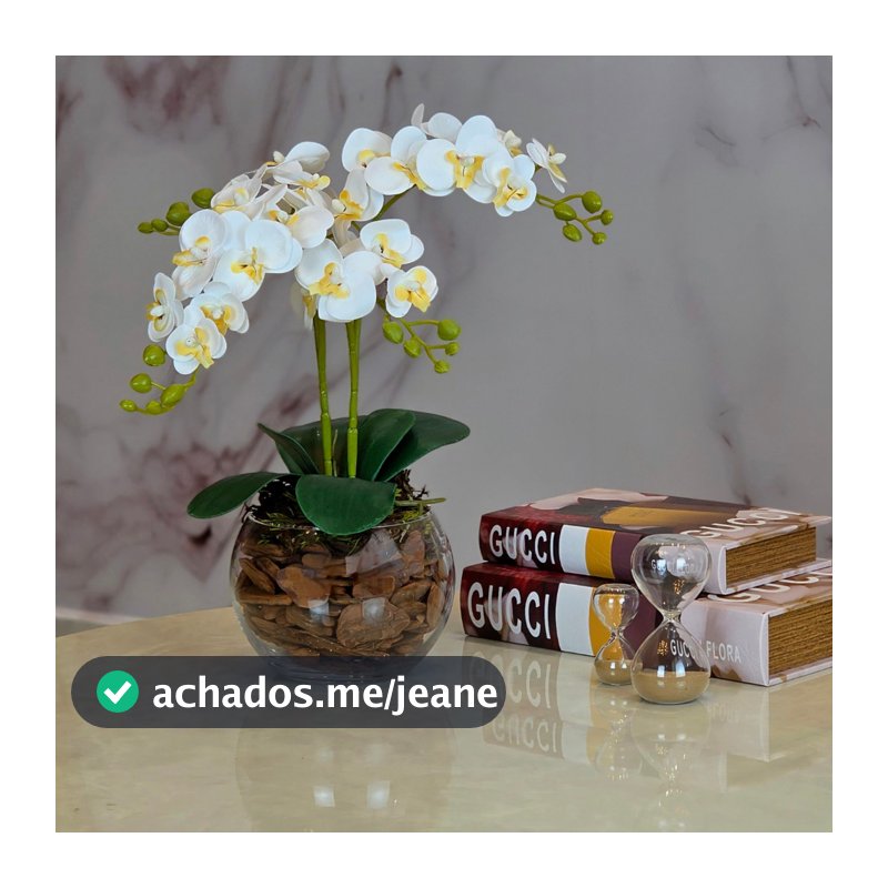ARRANJO ORQUIDEA ARTIFICIAL 3D 4 HASTES  VASO VIDRO INCOLOR