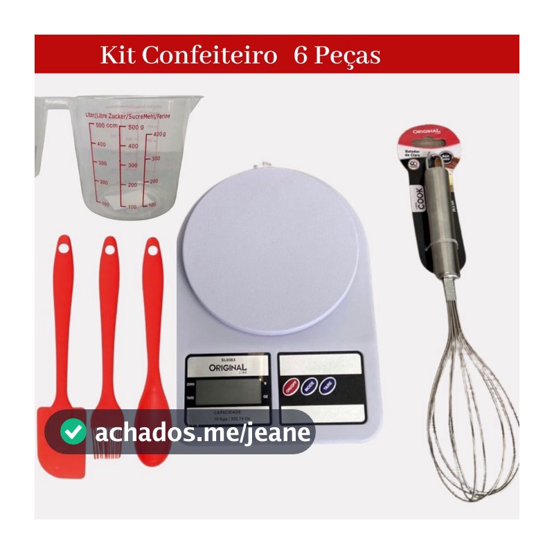 Confeiteiro Kit 6 itens Balança Digital 10k + Jarra Medidora 500 ml+ Batedor Fuê de Claras + 3 Espátulas Pão Duro