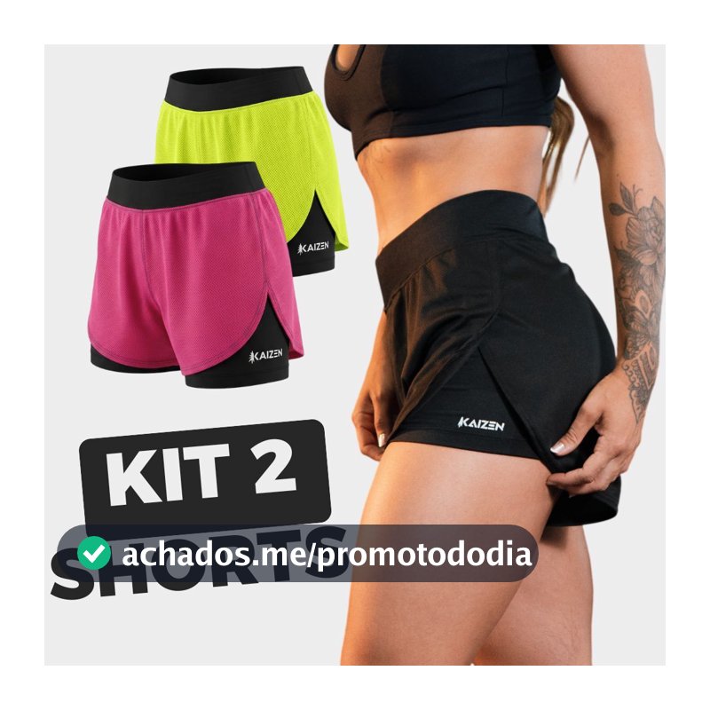KIT COM 2 SHORTS FEMININO 2 EM 1 FEMININO DRY FIT C/ Bolso Porta Celular Kaizen Academia, Treino