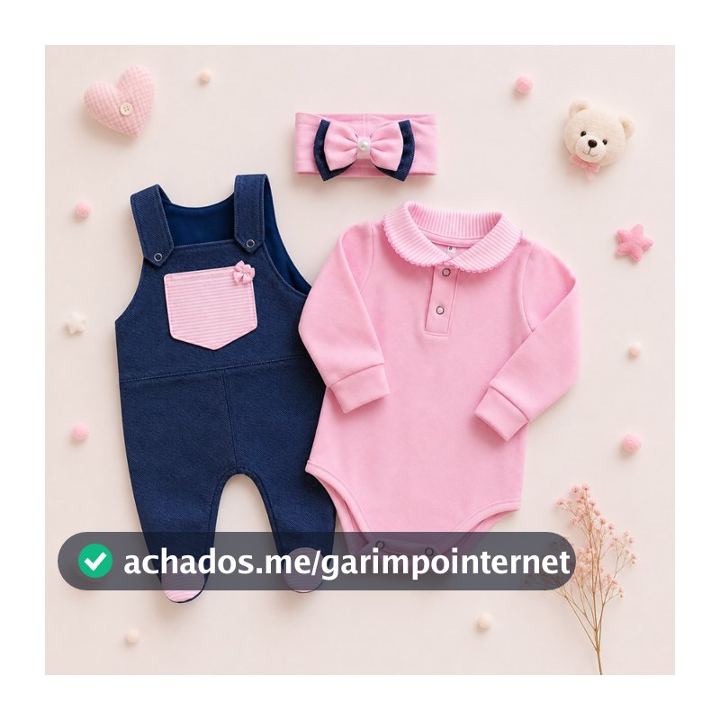 Macacão Body Bebê Menina Roupa Infantil Manga Longa com Jardineira Chiquinha 3 peças