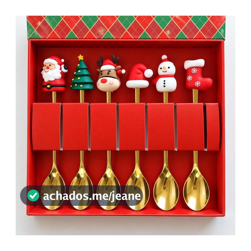 Kit 6 Colheres Natalinas Douradas 16cm com Enfeites de Natal Mesa Posta Sobremesa Café Chá Caixa Presente