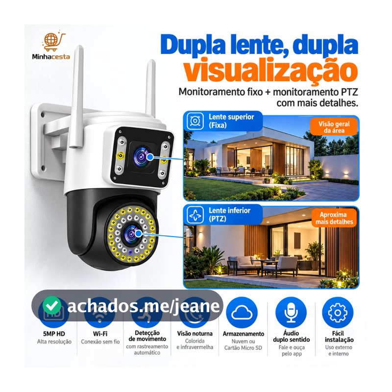 Câmera Segurança WiFI IP 2 Lentes Visão Noturna Microfone a Prova D'água gira 360 App V360 G1