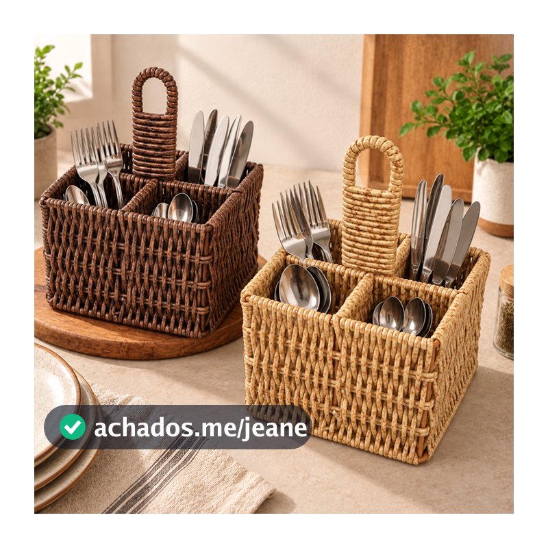 Porta Talheres Organizador De Mesa Cesto Tipo Rattan Vime Redondo Quadrado com Alça
