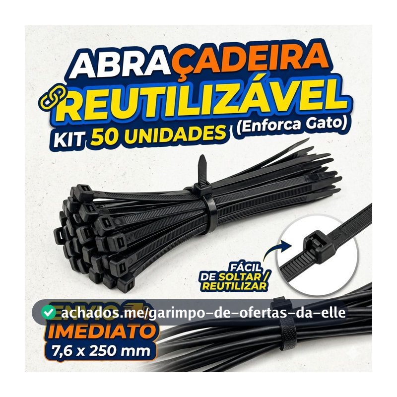 Abraçadeira Nylon Reutilizável Enforca Gato Abre E Fecha 25cm Kit 50un