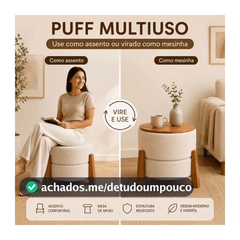 SUPER PROMOÇÃO  Puff Mesinha Decorativo em Tecido Bouclé Areia – Banco - Mesa- Luxo e Maciez