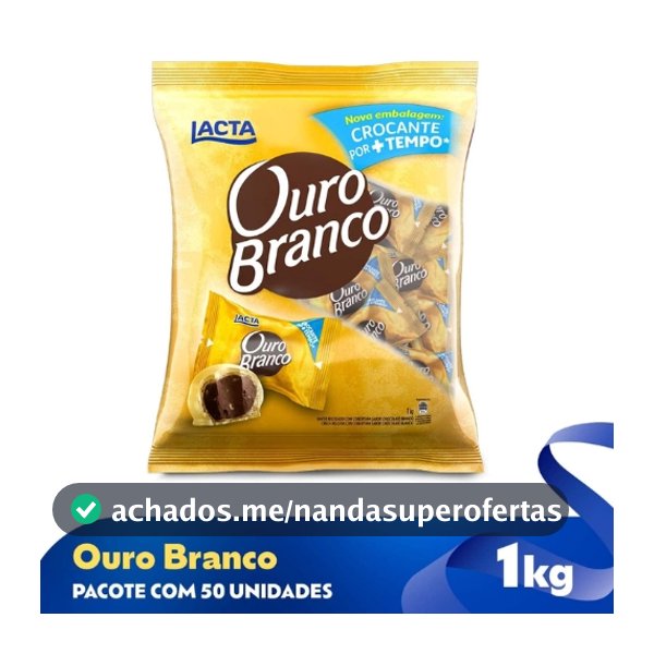 Bombom Ouro Branco Lacta 1kg ou 20 Unidades- Recheio Cremoso e Cobertura Crocante, Ideal para Compartilhar