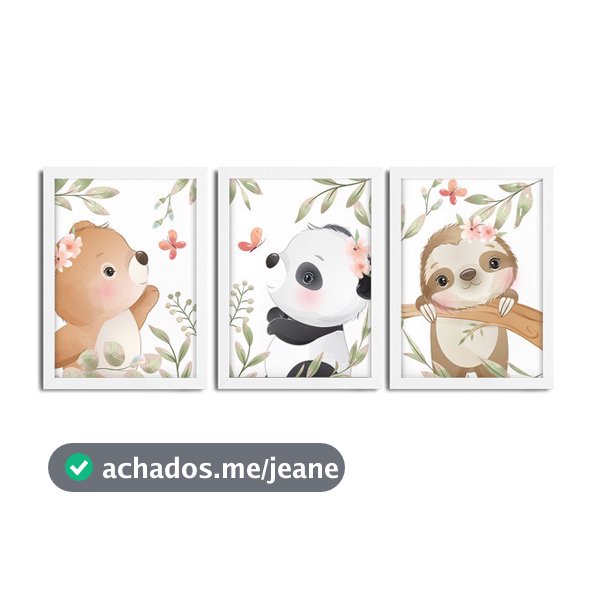 Kit 3 Quadros infantil Menina Savana aquarela 20x30 cada peça urso panda