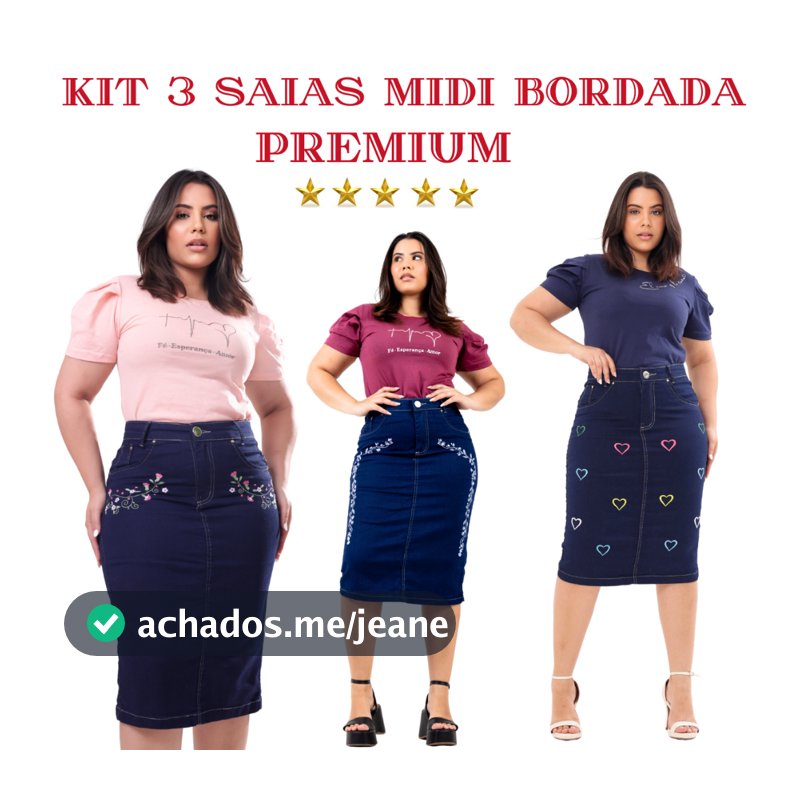 Kit 3 Saia Midi Bordada,Saias Bordadas,Saias Evangelica,Saias Midi Na Cor Azul Marinho
