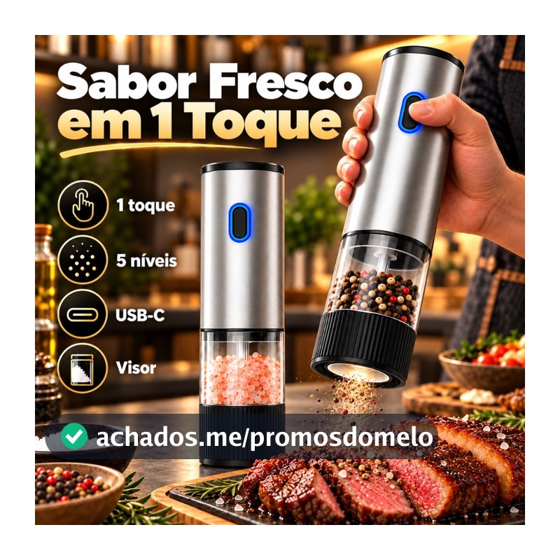 Moedor Elétrico de Sal e Pimenta do Reino Recarregável Inox  Cerâmico Ajustável Cozinha e Churrasco