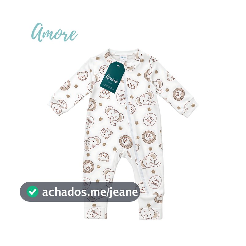 Macacão de Bebê Amore Vira Pé Amiguinhos Com Zíper 100% Algodão