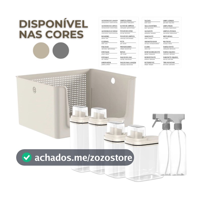 Kit Para Lavanderia 7 Peças Cesto Organizador Dispenser Sabão Borrifador e Etiquetas