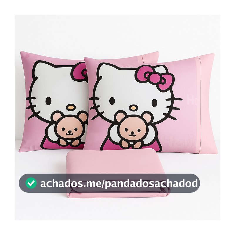 Jogo de Lençol com elástico e Fronha Ponto Palito 3 peças Casal/Queen/King  Hello Kitty Toque Macio