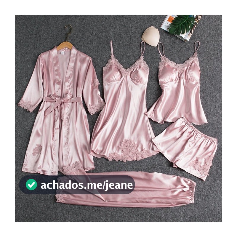 Conjunto De Pijamas Femininos De 5 De Renda De Cetim Em patchwork De rayon Pijama