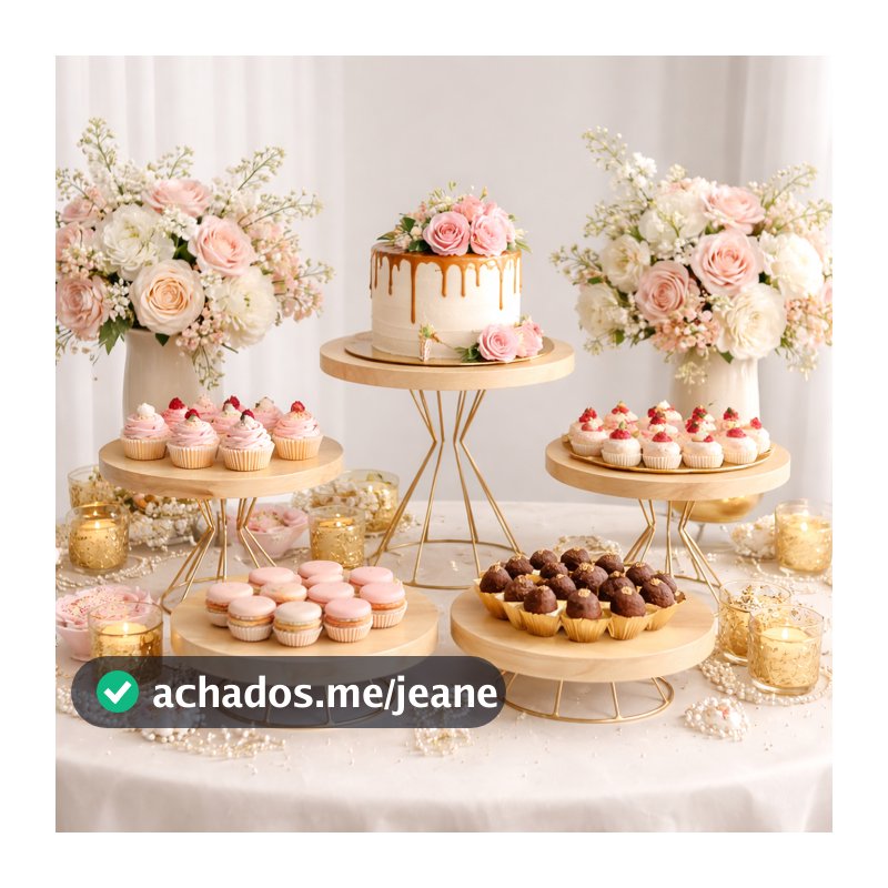 Kit Boleiras Decorativas Madeira com Base Dourada Suporte para Doces Festa Luxo Mesa Posta Aniversario