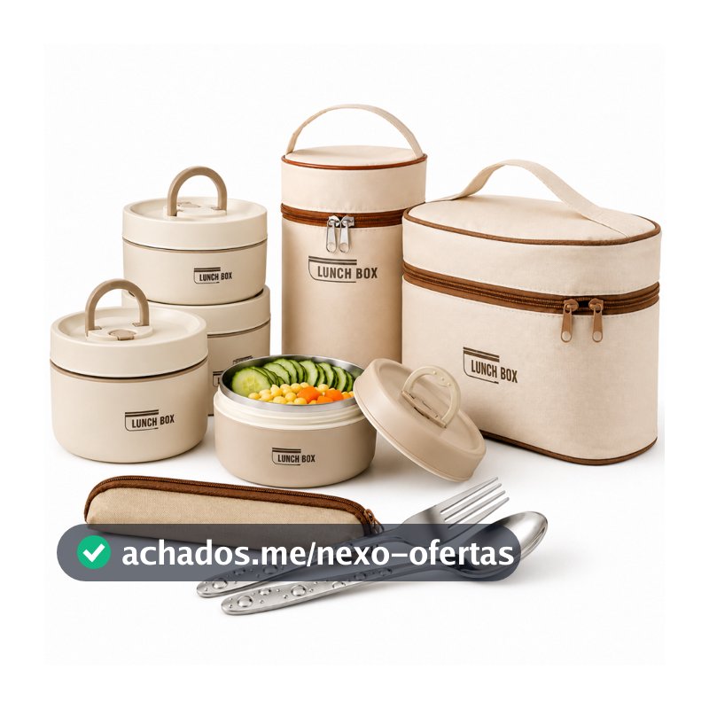 Marmita Kit Lancheira Térmica C/ 3 e 4 Pçs Aço Inoxidável C/ Bolsa Térmica Antivazamento C/ Talheres