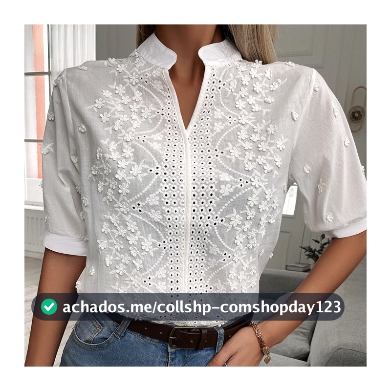 Manga Curta V-neck Lanterna Vestuário Feminino Moda Verão Blusa Feminina 2022 Bordado Algodão Camisas Brancas Blusas 14204