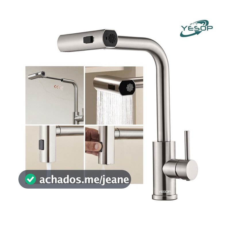 YESOP Torneira Cascata Cozinha Gourmet Monocomando Extensível Inox 304 Escovada 3 Modos Ducha Spray