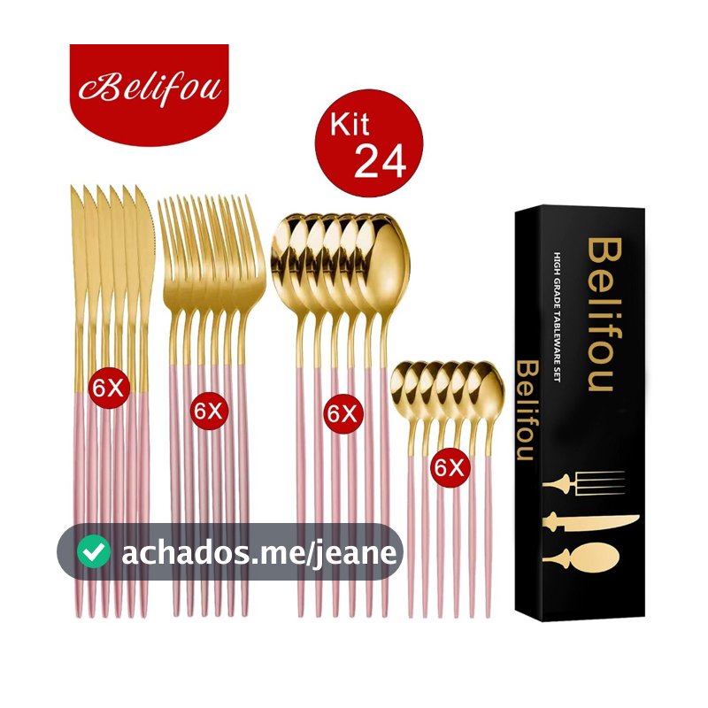 Belifou Kit 24 Jogo De Talheres Aço Inoxidável Rosa Dourado