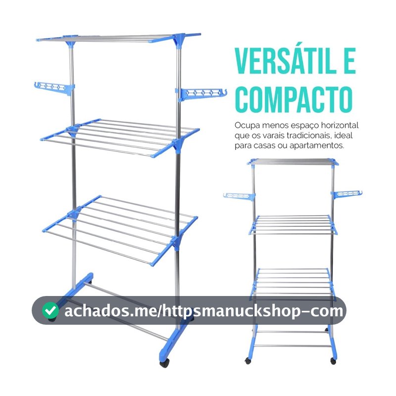 Varal De Roupa Dobrável Torre 3 Andares Com Rodas Aço Inox Vertical Azul Umbrella