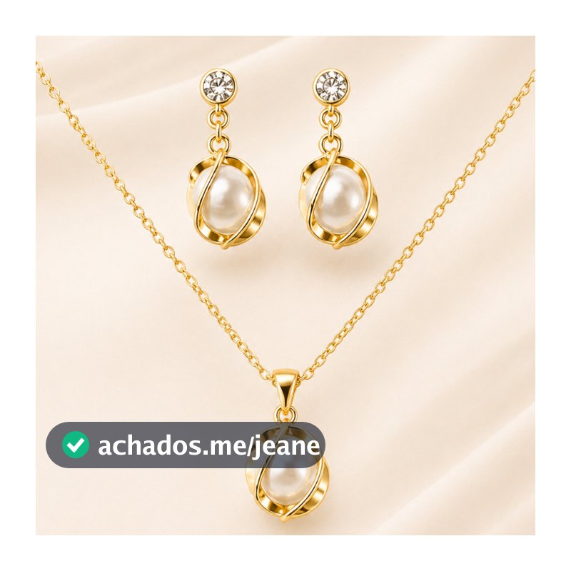 Conjunto Colar E Brinco Com Pingente de Pérola Folheado Luxo