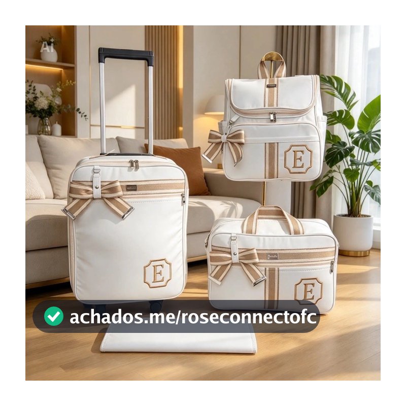 kit de bolsas de maternidade com mala de rodinha e mochila 2 em um branco com faixa bege listrado