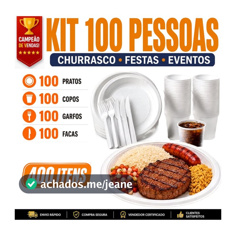 Kit Churrasco/Festa Descartável 100x Prato de Isopor + 100x Garfo + 100x Faca + 100x Copo de 300ml