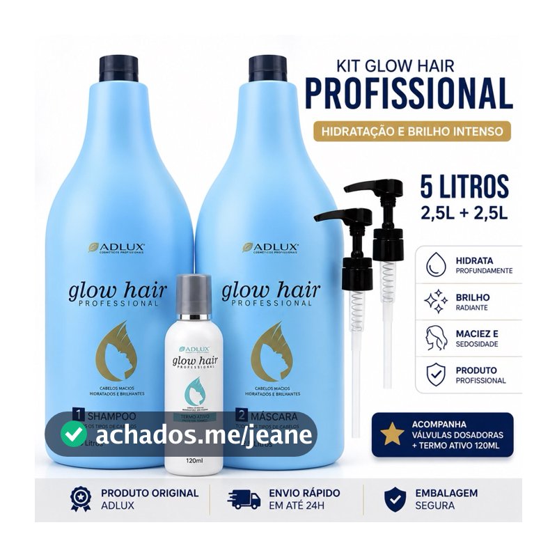 Kit Glow Hair Adlux Profissional 5L Shampoo 2,5L + Máscara 2,5L Hidratação Lavatório + Válvulas