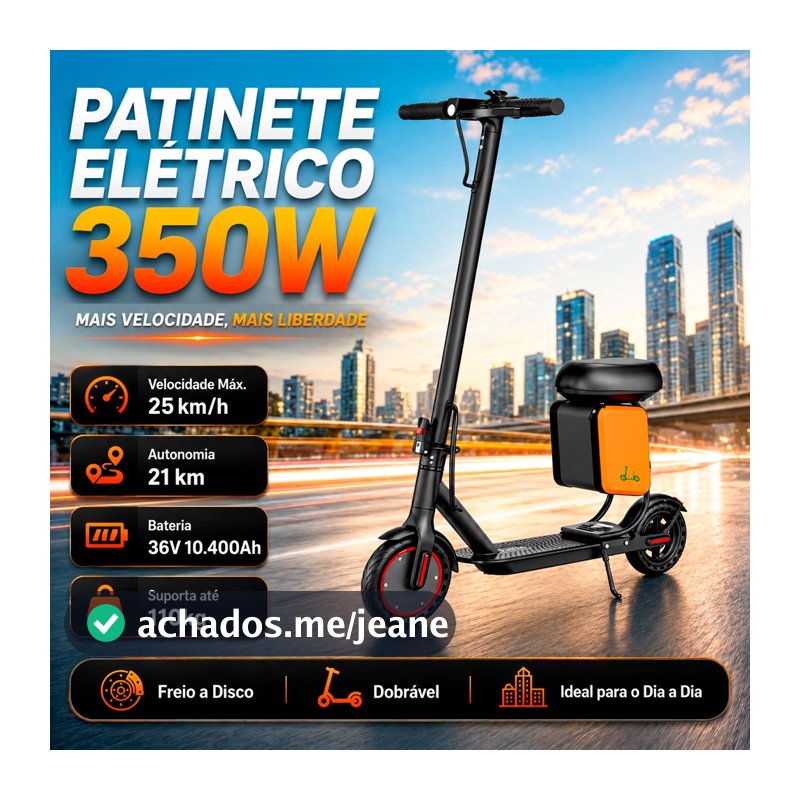Patinete Elétrico 350W Scooter Banco + Bag Off Road 8' Polegadas Autonomia de 30Km