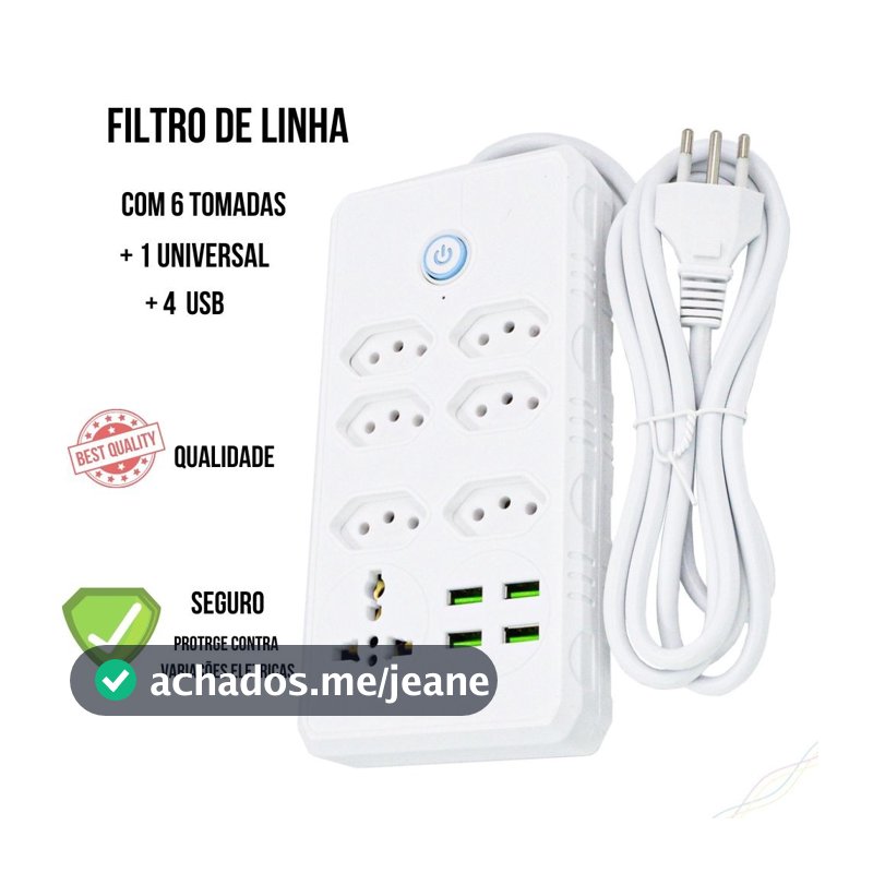 Régua Filtro de Linha com 7 Tomadas, 1 Universal e 4 USB • Bivolt 110/220V • Cabo de 2 Metros • Segurança Garantida