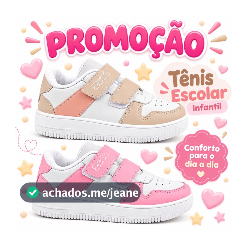 Tênis Infantil Menina Velcro Duplo Escolar Visual Moderno Fácil de Calçar Escola e Passeio