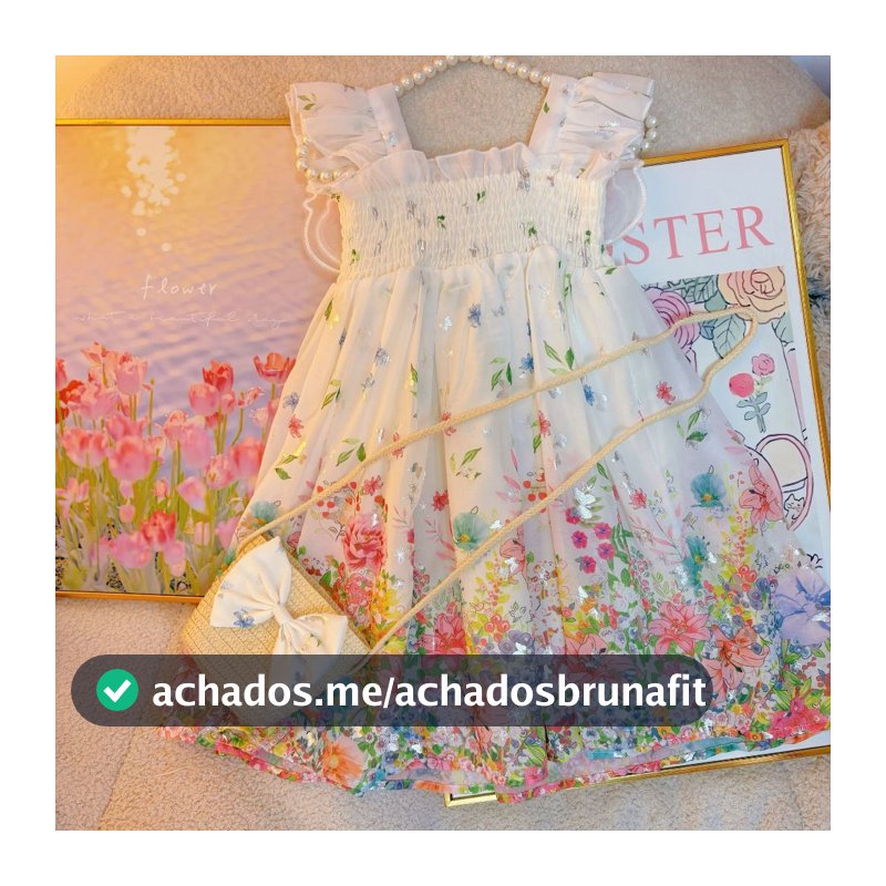 Vestido Infantil com Chapéu de Palha Estilo Princesa Floral Doce para o Verão