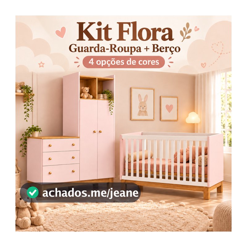 Kit Quarto de Bebê Flora Guarda Roupa Cômoda Berço Mini Cama Qmovi