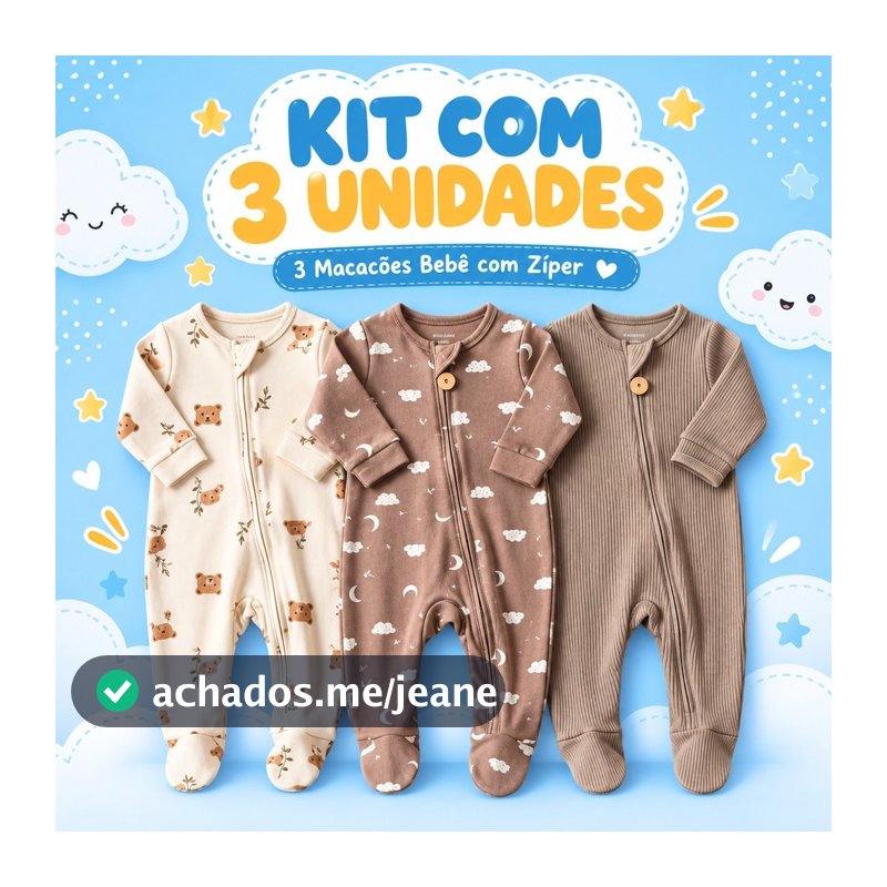 Kit 3 Macacão Roupas Bebê com Zíper 100% Algodão