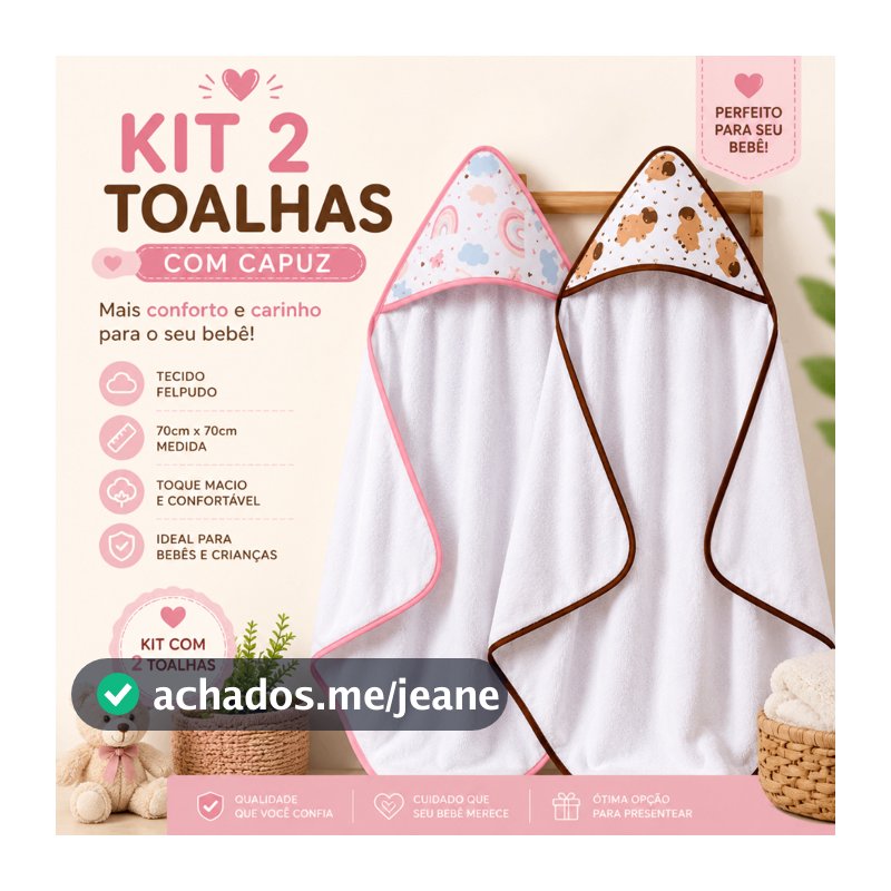 Kit 2 Toalhas de Banho para Bebê com Capuz Infantil Felpuda 70x70cm Enxoval Presente Bebê Novo