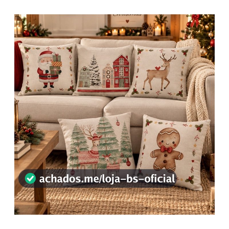 Capa de Almofada Natalina Decoração de Natal Festa Enfeite Papai Noel Renas Boneco de neve 43x43cm