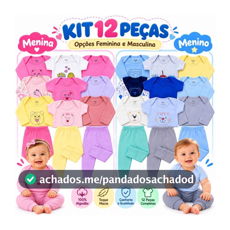Kit12 Peças Enxoval Bebe   Body Manga Longa Manga Curta Mijão Menina Menino 100% Algodão RN ao G Suedine Confortável
