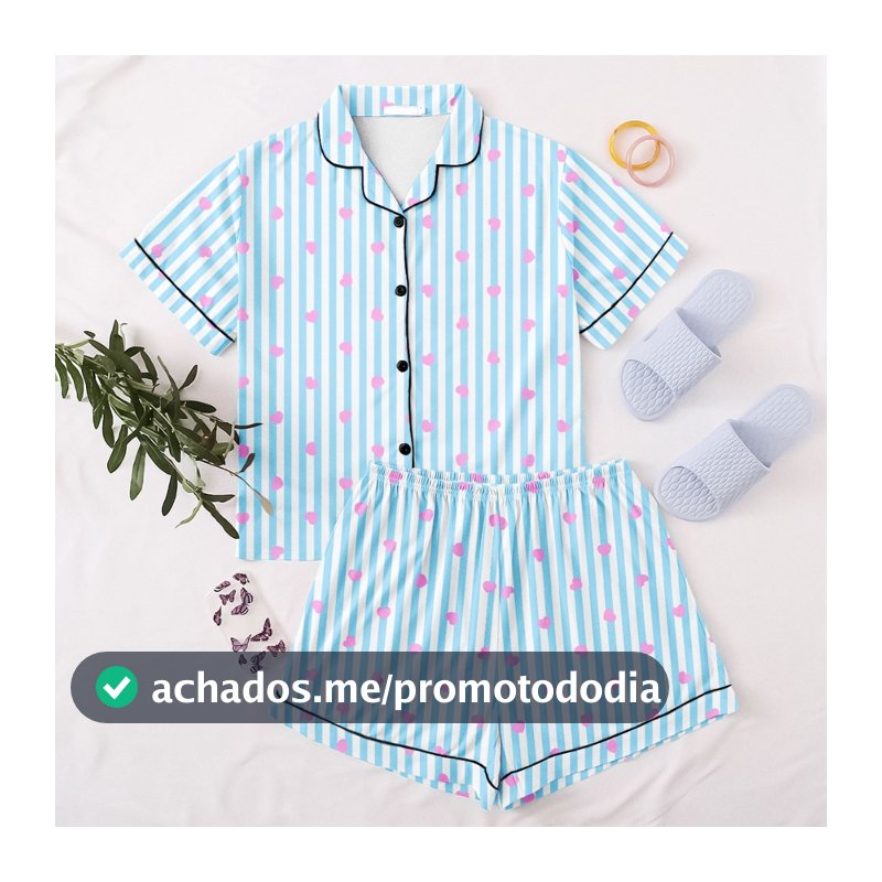 Pijama de Botão Americano Feminino Blogueira Estiloso Temático Meia Manga Short Doll Fofo