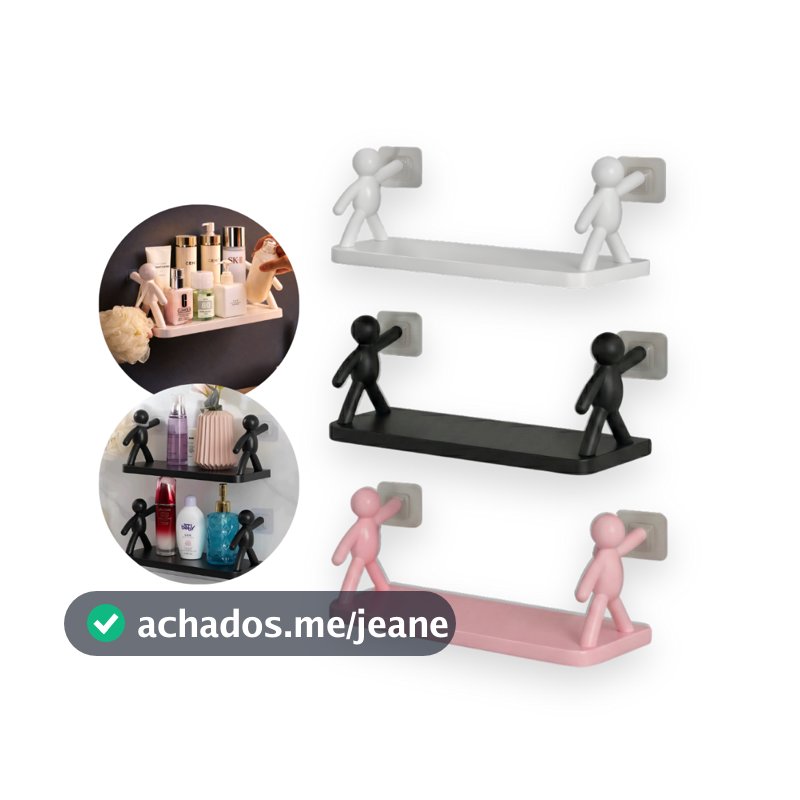 Kit 3 Prateleiras Bonequinho Preto Suporte Parede Com Adesivo Sem Furo Organizador Multiuso Banheiro Quarto Cozinha