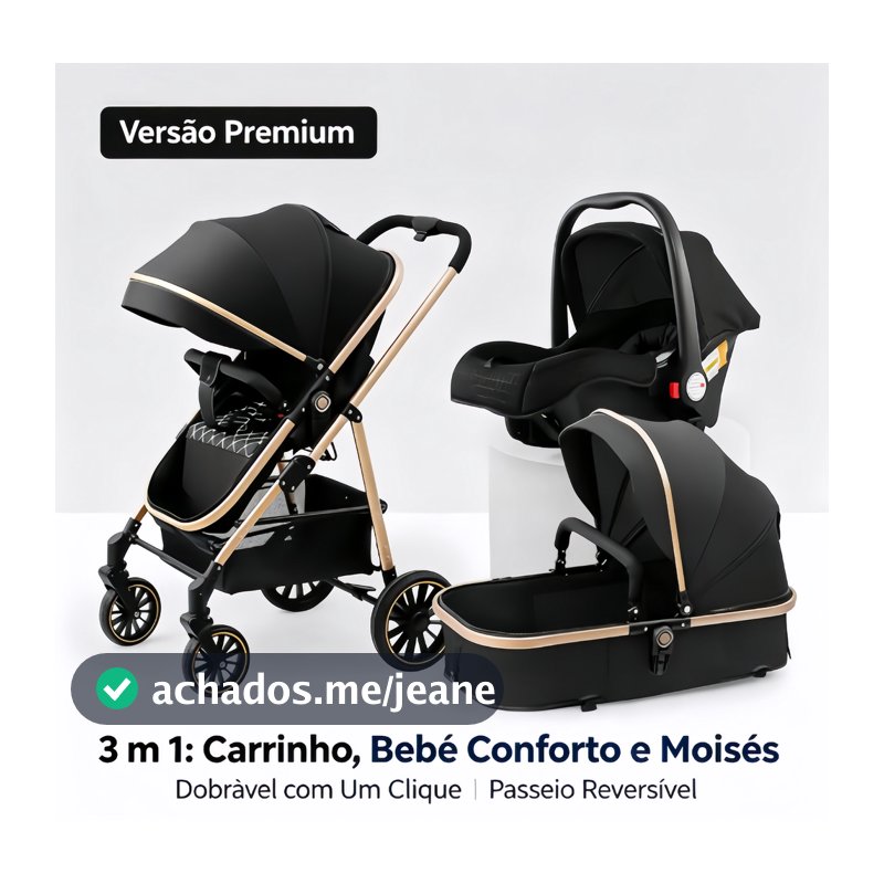 Carrinho de bebê acompanhado de cesta‑berço, adequado para o uso no dia a dia.
