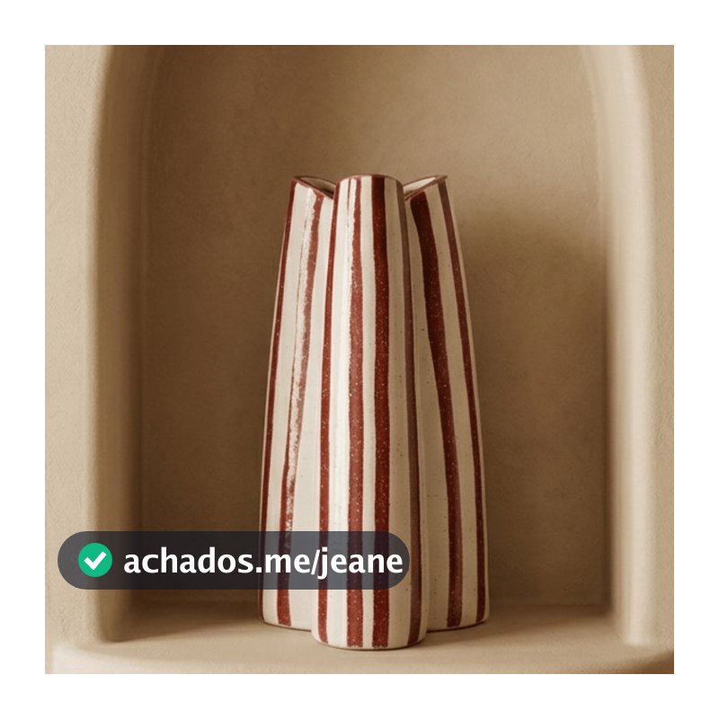Vaso de Cerâmica Decorativo Cachepot Orgânico Canelado Branco com Listras Vinho 18X16X37CM