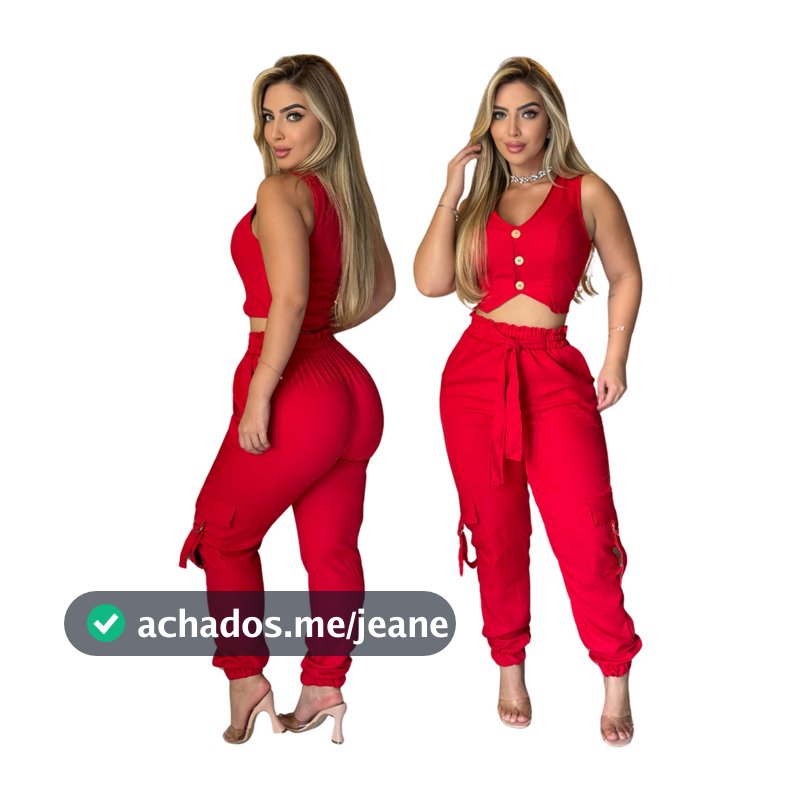 Conjunto Alfaiataria Feminino Calça Cargo e Cropped Fecho de Botões Modelo Blogueirinha Não Transparente Premium