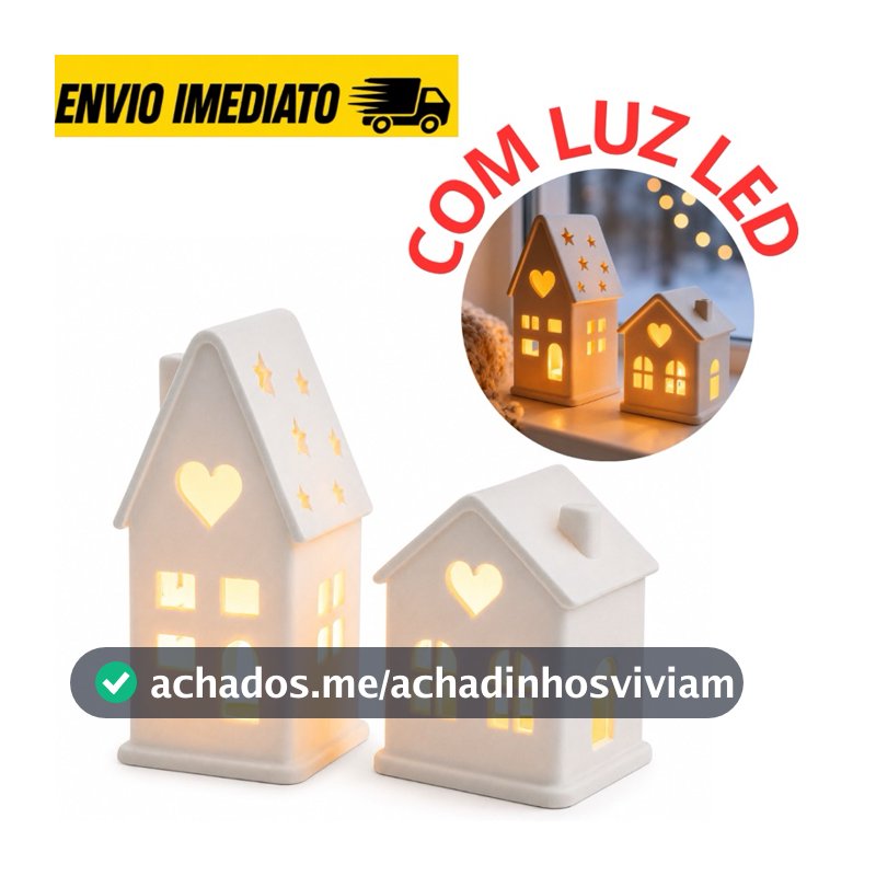 Kit 2 Casinhas Vila Natalina Decorativa com Luz LED Janela Coração Enfeite Natal