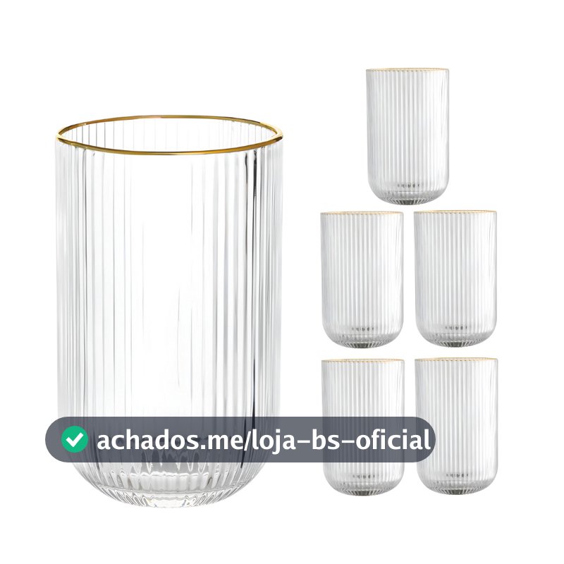 Jogo 6 Copos de Vidro Versalhes Fio De Ouro Borda Dourada Cameratta Grafiatto Canelado 420ml