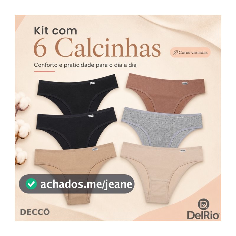 Kit 6 Calcinhas DelRio Biquíni Cotton Algodão Confortável Feminina Uso Diário