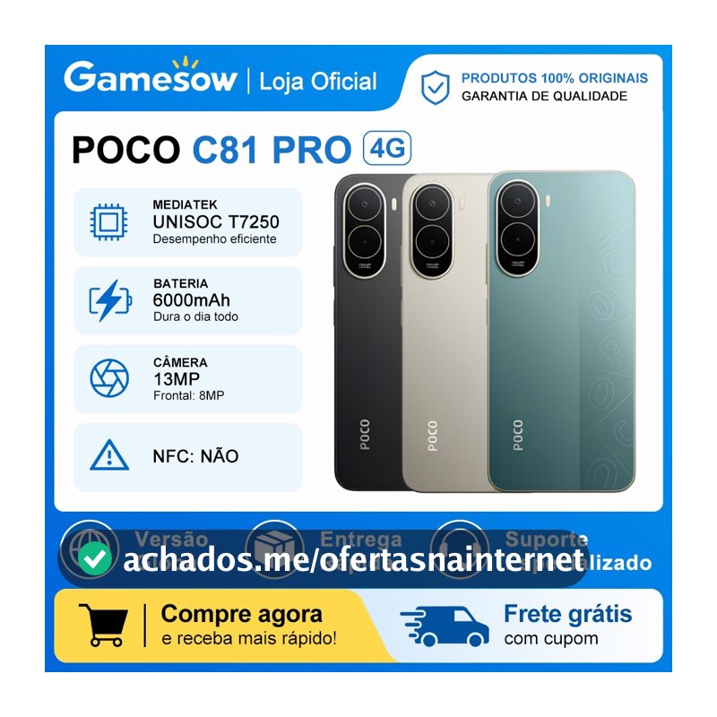 Xiaomi Poco C81 PRO 4G, Versão Global, Processador UNISOC T7250, Bateria 6000mAh, 64GB, 128GB, 256GB + 4GB RAM