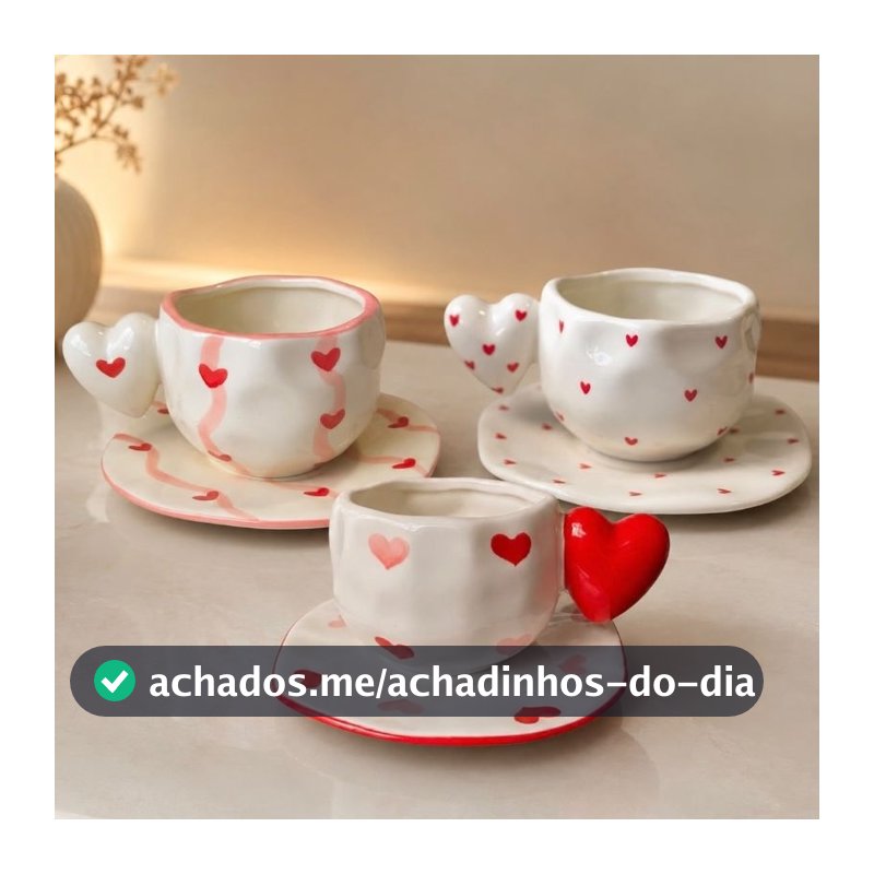 Unidade | Xícara Com Pires - 350ml em Cerâmica Designer Orgânico Heart Coração Xícara Divertida em Forma de Coração